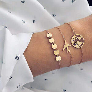 Three-piece bohemian aircraft map heart charm bracelet set for women - Main product view