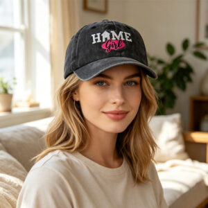 Women's washed black baseball cap with HOME Girl embroidery and adjustable buckle-back strap - Main product view