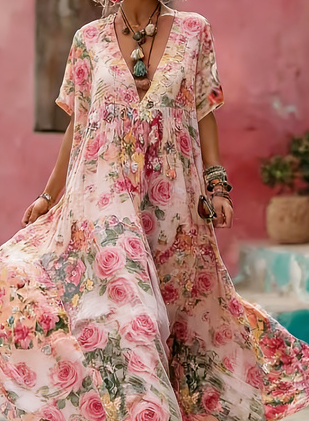 Women's floral print V-neck floor-length short-sleeve dress - Main product view