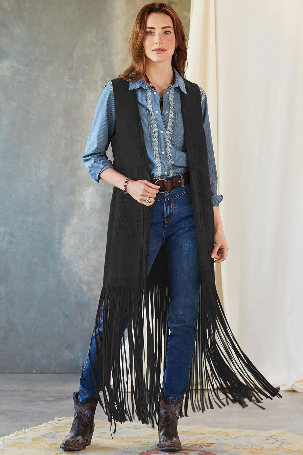Women's fringe suede-style sleeveless vest jacket in camel or black - Product view 3