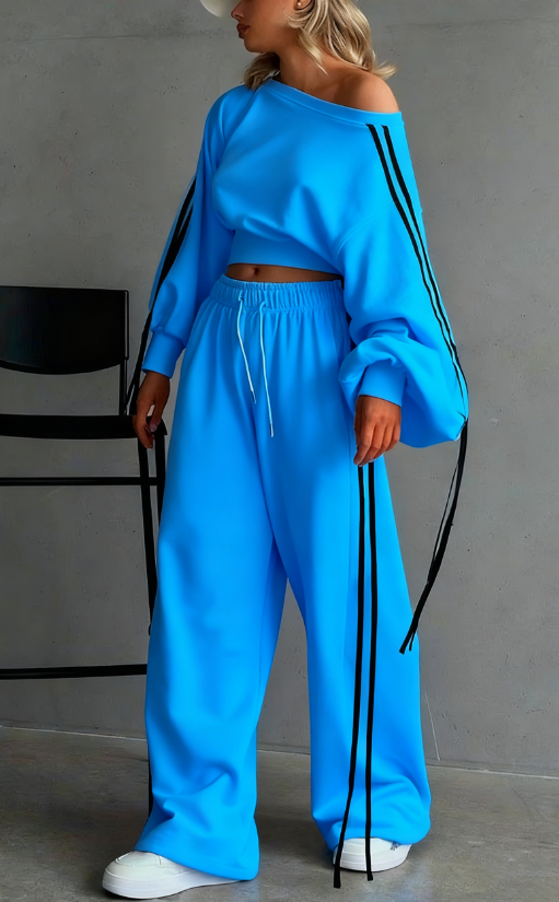 Off-shoulder cropped top and high-waisted wide-leg pants casual set - Product view 8