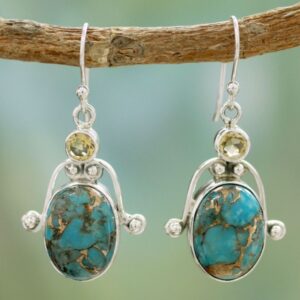 Turquoise rhinestone drop earrings with a retro-inspired design - Main product view