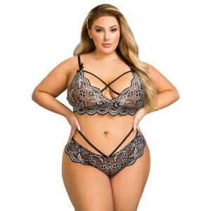 Plus-size lace cross-band embroidered lingerie bra set - Main product view