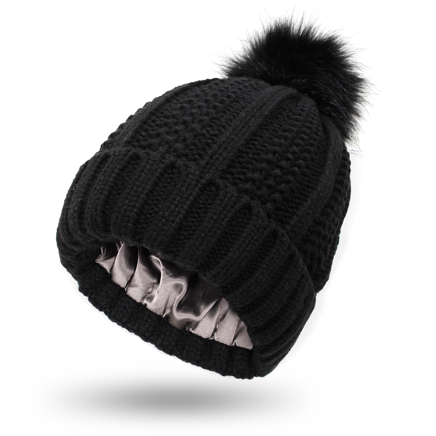 Women’s knitted beanie with satin lining and faux fur pom pom - Product view 5