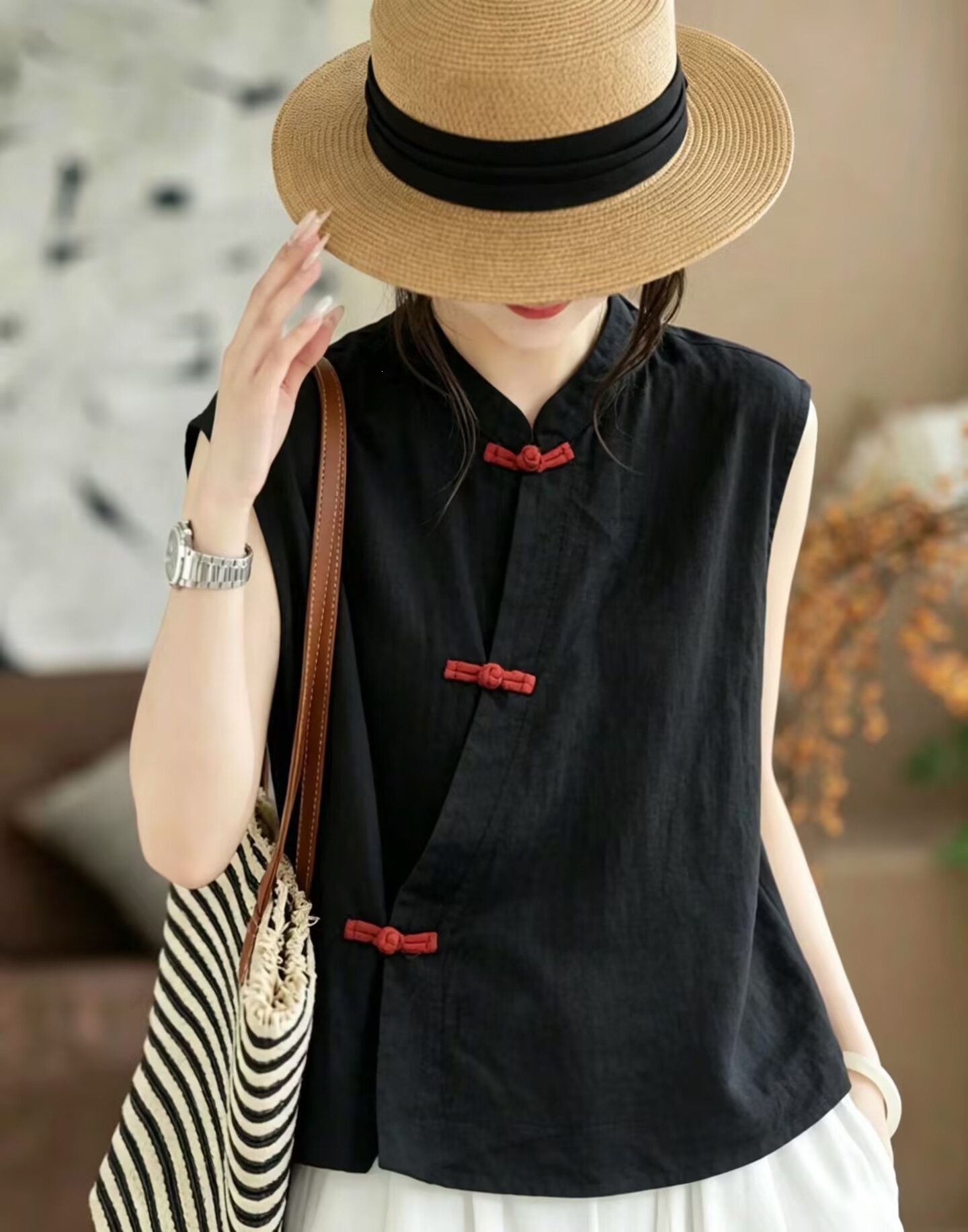 Women’s Chinese-style retro cotton vest with frog buttons - Product view 7