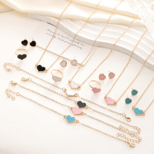 Women's four-piece love-heart jewelry set with necklace, bracelet, ring and earrings - Main product view