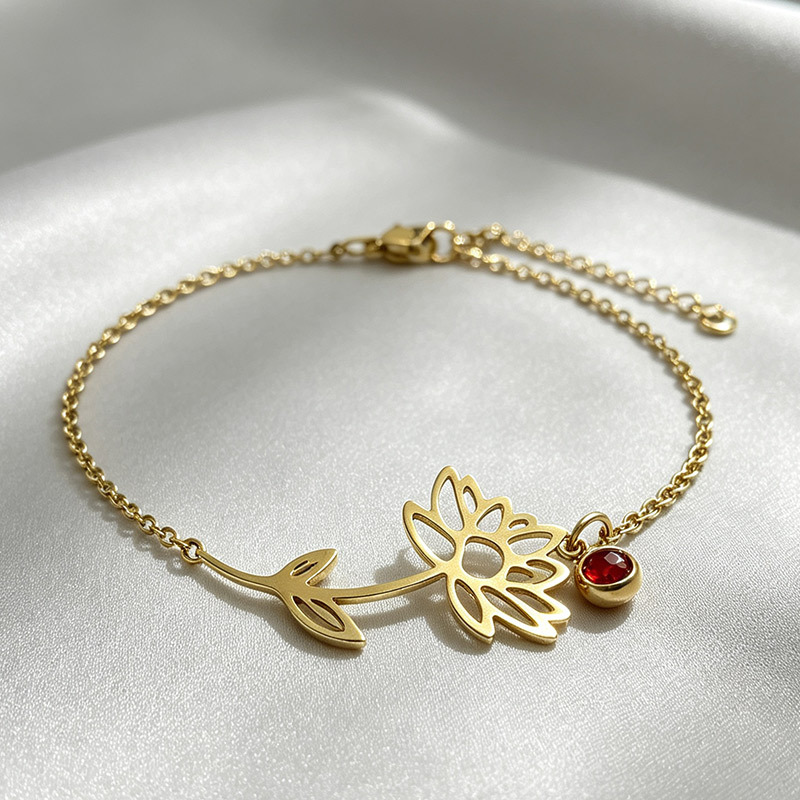 Retro stainless steel birth flower bracelet with monthly flower design - Product view 5