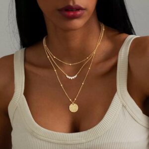 Women’s three-piece geometric necklace set with zircon accents in gold and silver - Main product view