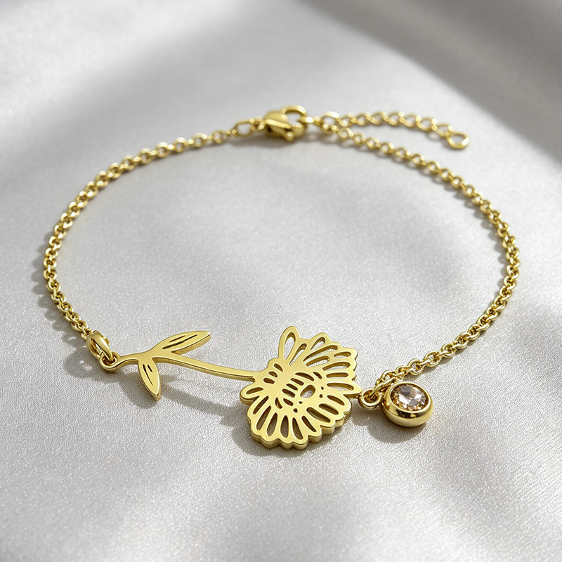 Retro stainless steel birth flower bracelet with monthly flower design - Product view 10