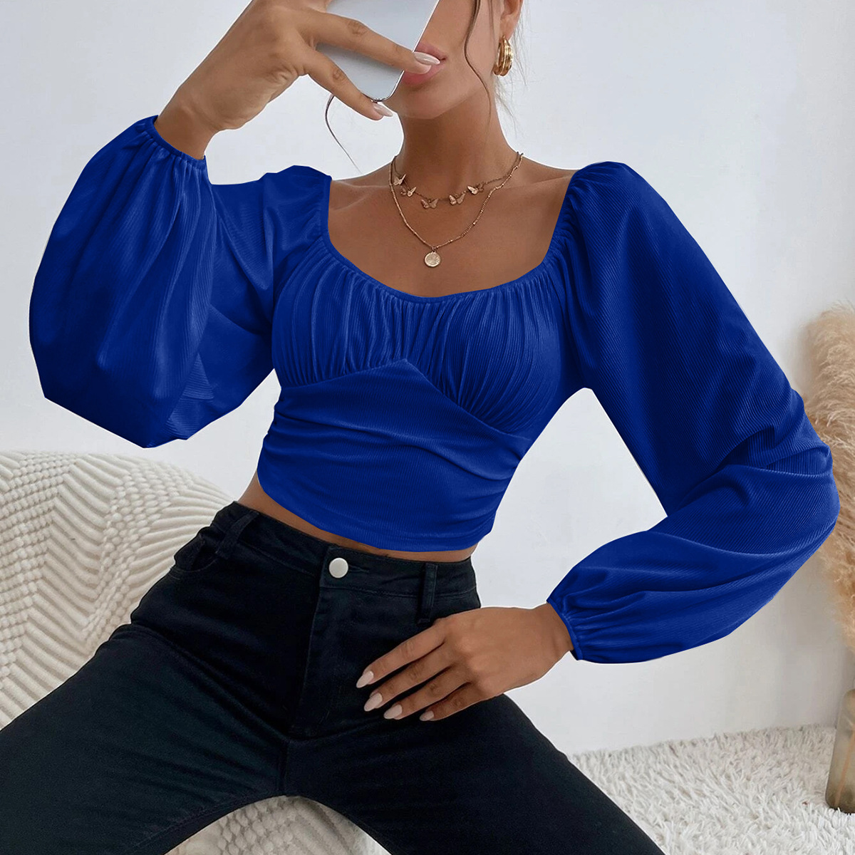 Women's stretchy base top with lantern sleeves - Main product view