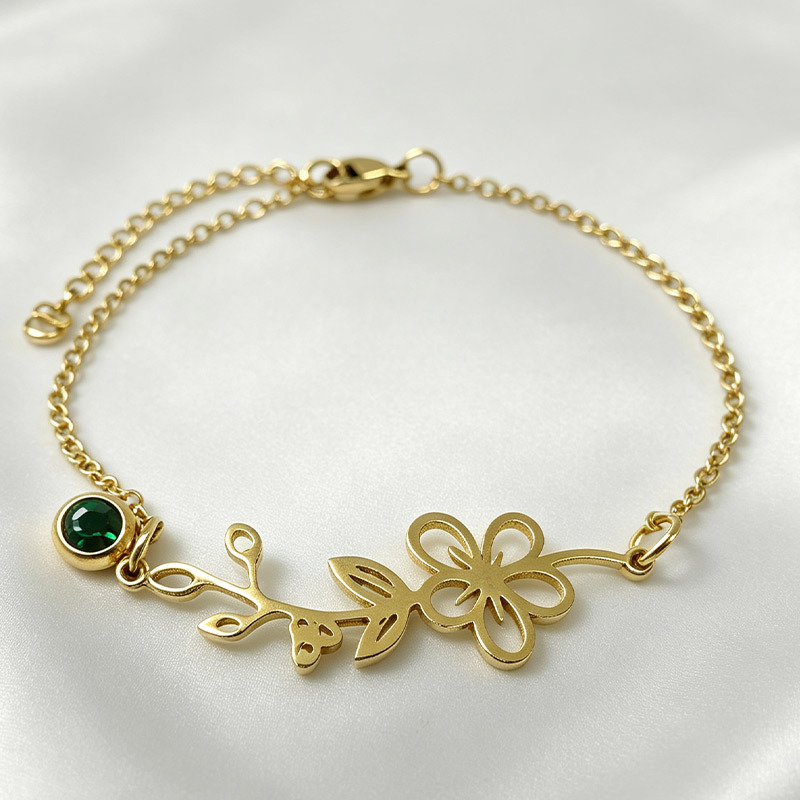 Retro stainless steel birth flower bracelet with monthly flower design - Product view 8
