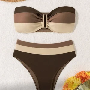 Women's coffee-colored strapless two-piece bikini swimsuit - Main product view