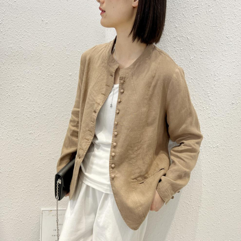 Women’s loose-fit cotton-linen patchwork jacket with long sleeves and pockets - Product view 3