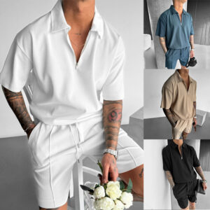 Men's short-sleeve polo shirt and drawstring shorts set - Main product view