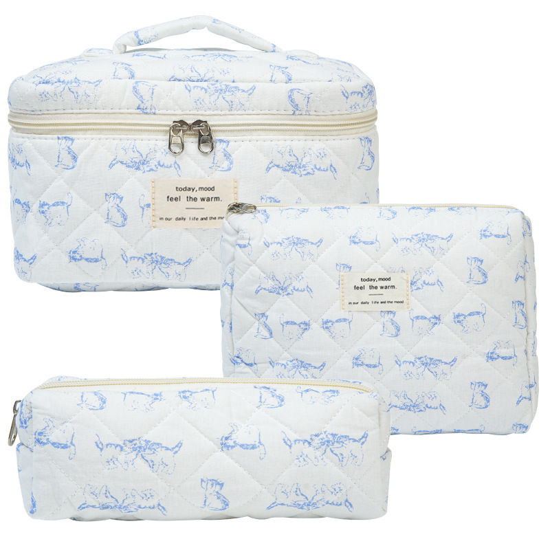 Blue cat floral quilted cotton makeup bag on a white background - Main product view
