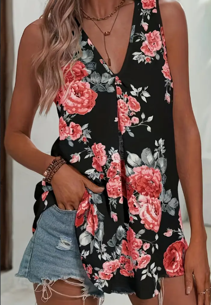 Women's floral print V-neck sleeveless tank top - Product view 2