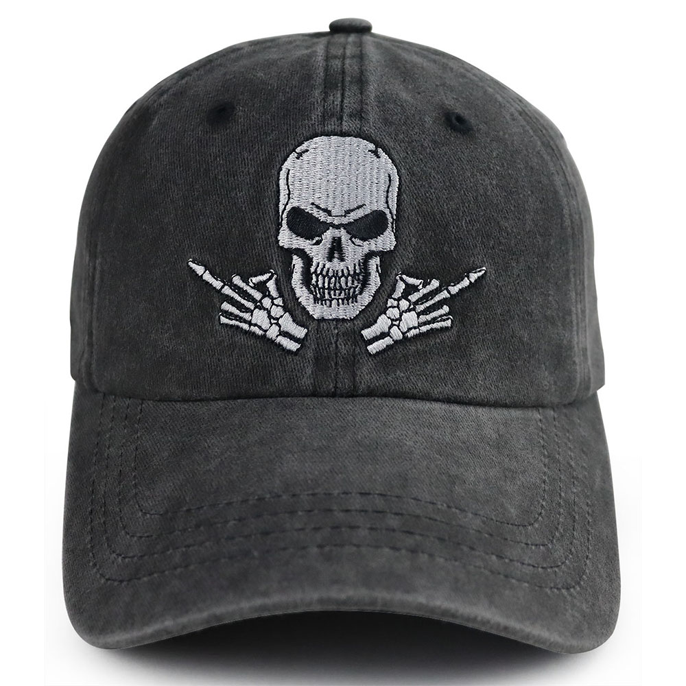 Washed black baseball cap with skeleton middle-finger embroidery - Product view 6