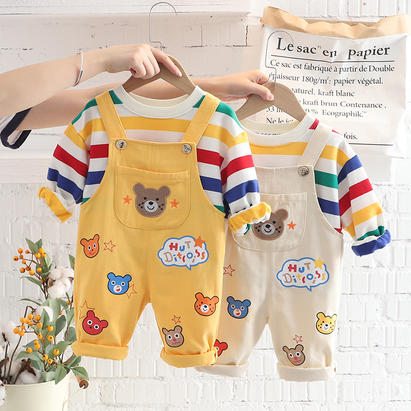 Boys’ Top Overalls Suit - Product view 6 Boys' plaid shirt and strap pants outfit in yellow or beige - Product view 6