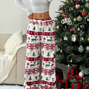 White floral plush straight-leg casual trousers - Main product view