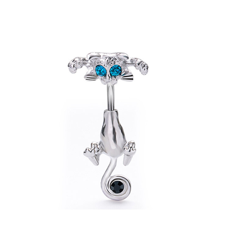 Stainless steel cat belly button ring with animal charm in black or white - Product view 4