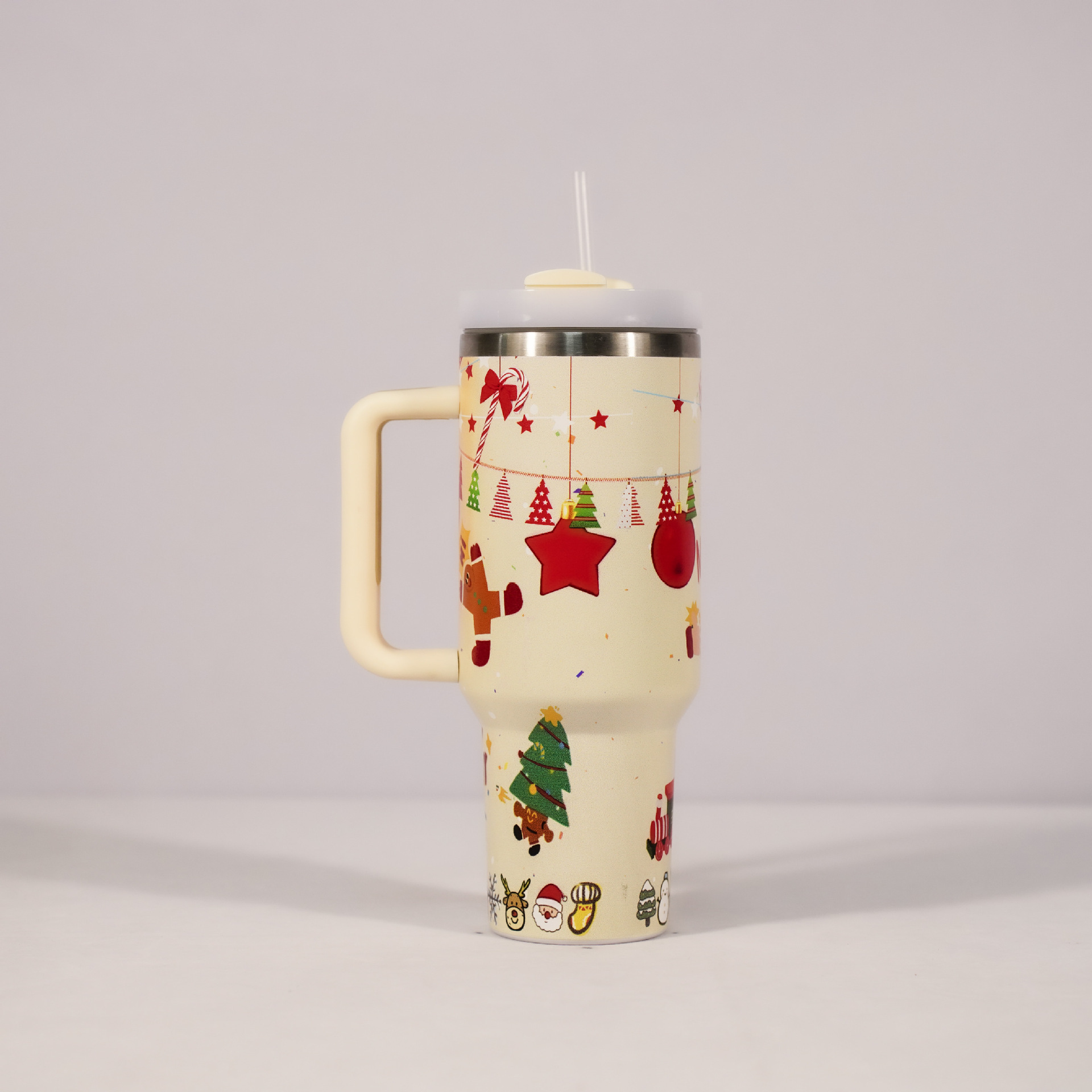 Christmas-pattern stainless steel tumbler with handle, lid and straw - Product view 8