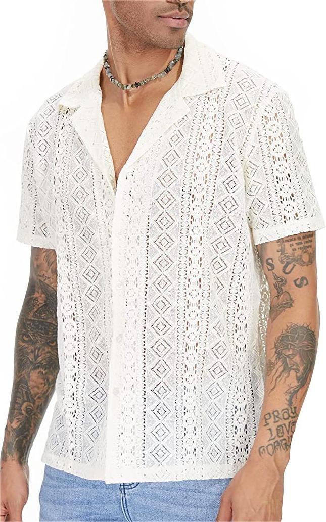 Men's solid-color lace hollow-out see-through shirt - Product view 4