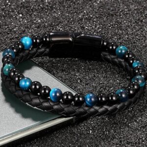 Volcanic Stone Blue Tigers Eye Agate Leather Bracelet - Main product view