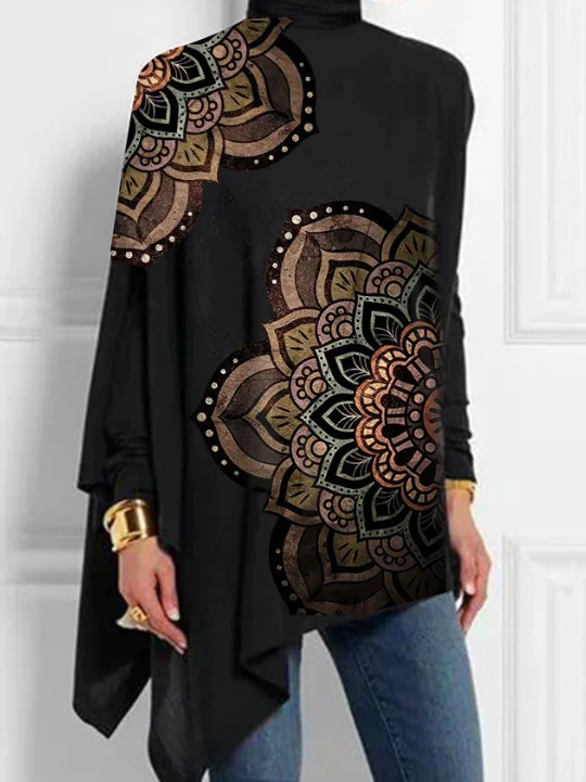 Black women's retro graphic print turtleneck top - Product view 2