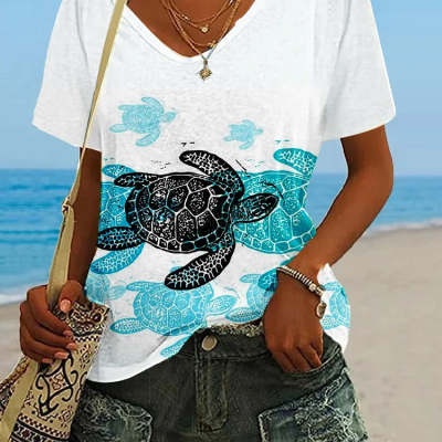 Women's artistic retro printed V-neck short-sleeve shirt - Product view 3
