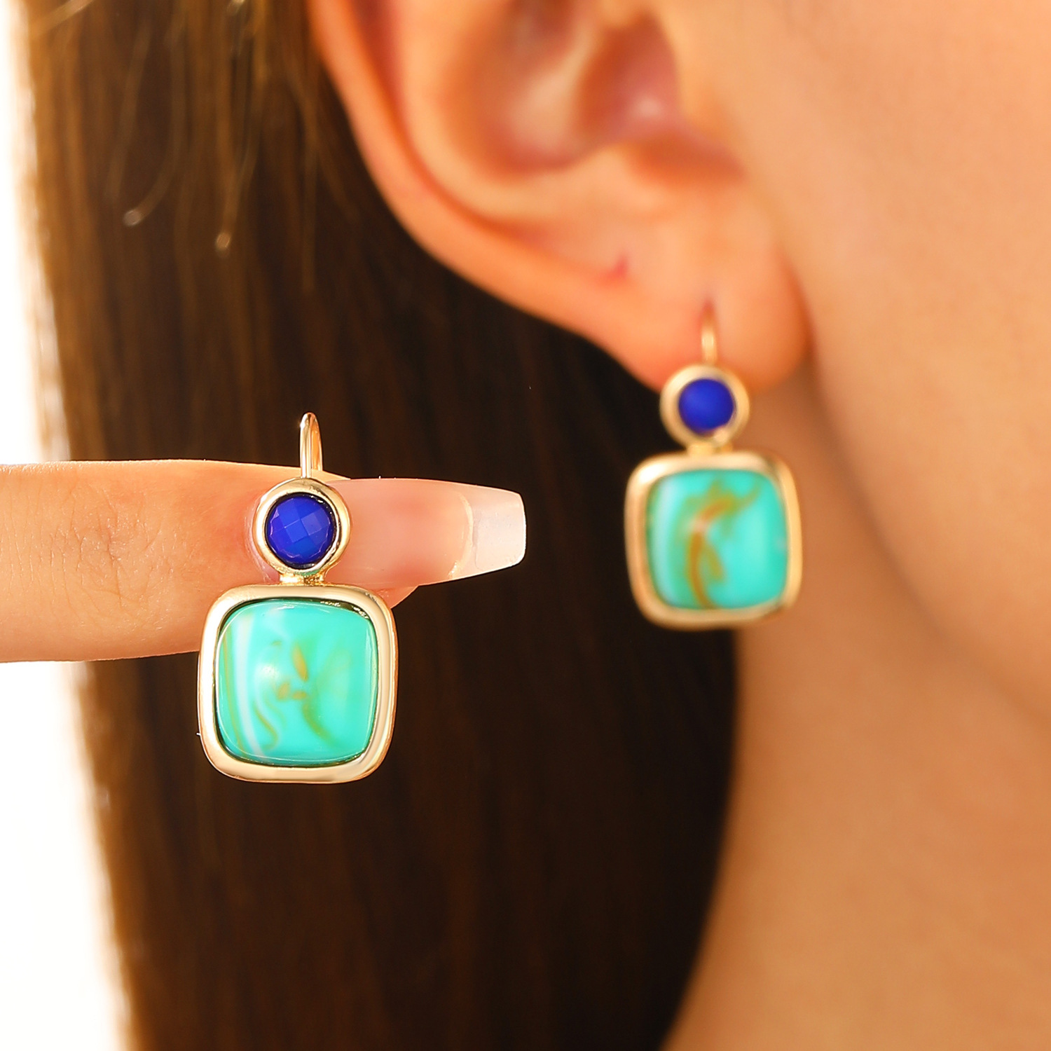 Simple Geometric Square Turquoise Earrings For Women - Main product view