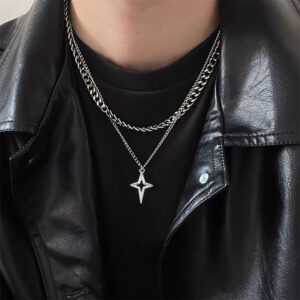 Double-layer alloy cross necklace with bear detail and curb-style chain - Main product view