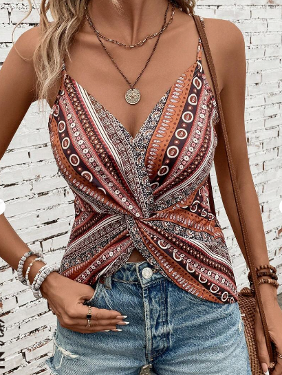 Geo print twist-front backless cami top with asymmetrical hem - Product view 4