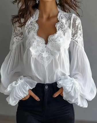 Women’s lace-trimmed puff-sleeve pleated shirt in black and white - Main product view