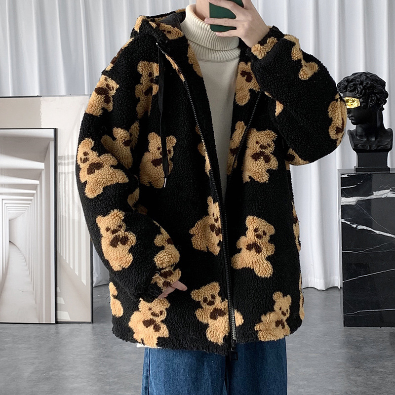 Men's loose-fit hooded bear print plush zipper jacket - Main product view