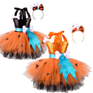 Girls' sequin dress with matching headwear in orange or black - Main product view