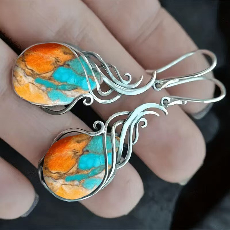 Bohemian Womens Turquoise Patterned Hollow Waterdrop Earrings - Main product view
