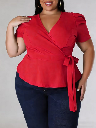 Women’s puff-sleeve wrap V-neck top with drawstring waist - Product view 1