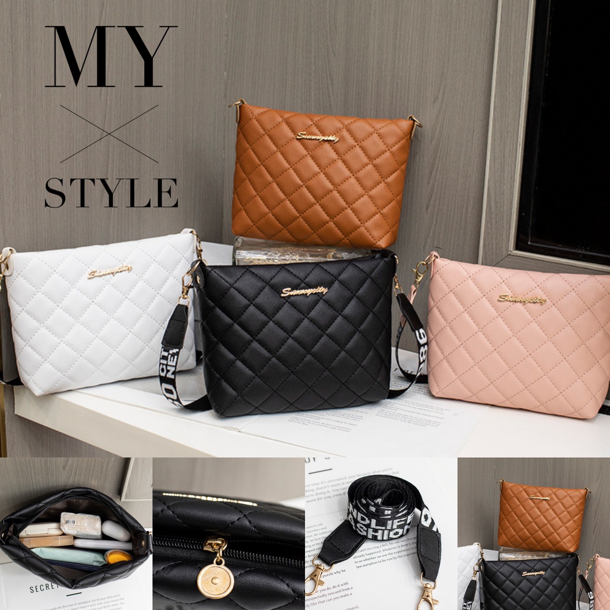 Women's embroidered chain crossbody messenger bag with diamond-grid stitching - Main product view