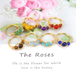 Handmade adjustable crystal bead ring wrapped with copper wire - Main product view