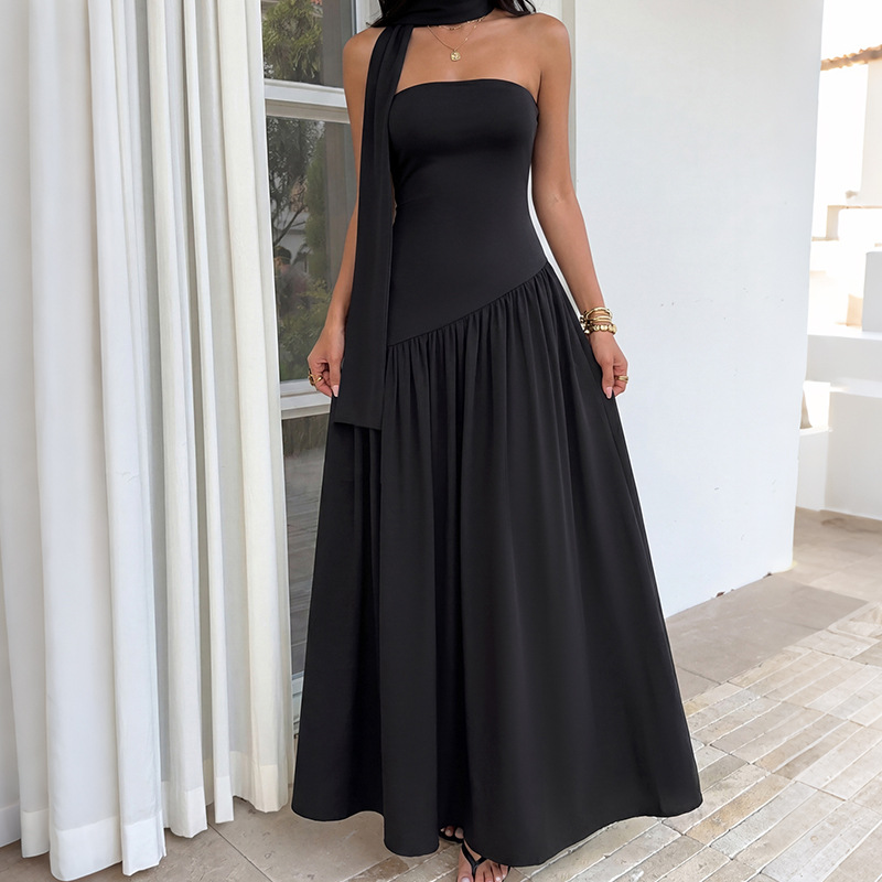 Women’s black sleeveless mid-length A-line dress - Main product view