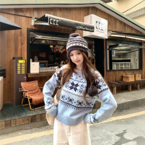 Women's blue jacquard color-block pullover sweater with long sleeves and drop shoulders - Main product view