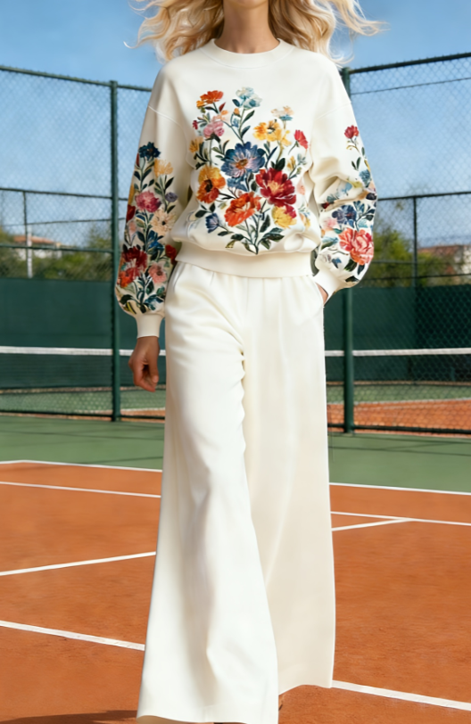 Women's retro color-block knit top and wide-leg pants set - Product view 5