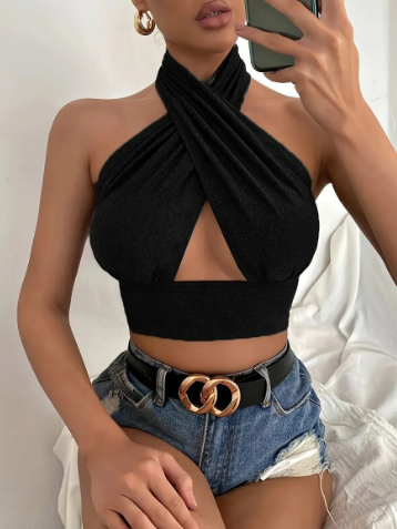 Women’s sleeveless cross-halter summer vest in polyester - Product view 3