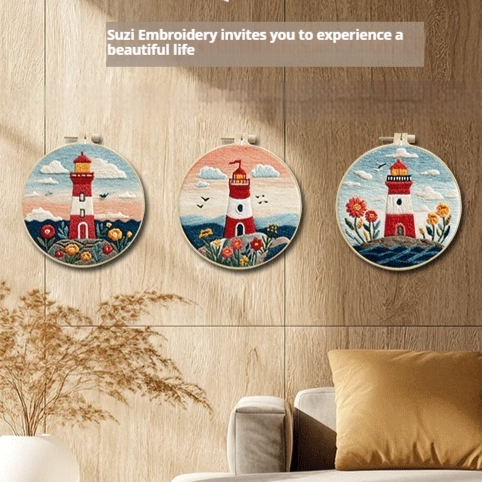 Sea lighthouse landscape DIY embroidery kit with printed fabric and embroidery supplies - Main product view