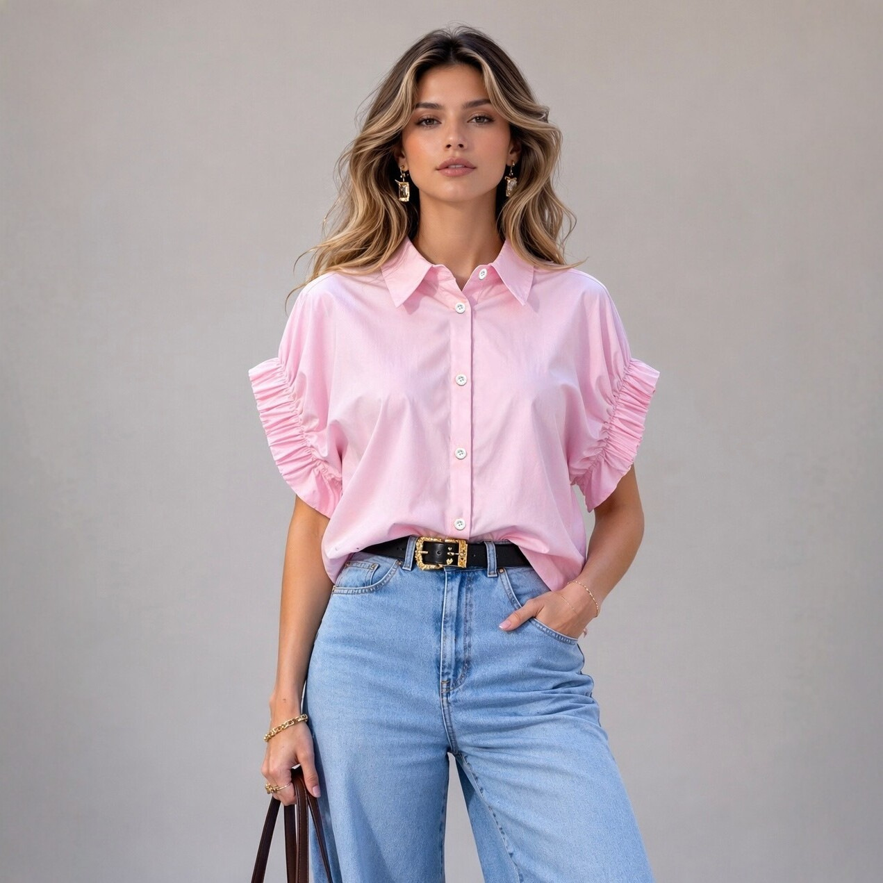 Women's loose-fit short-sleeve blouse with turn-down collar and puff sleeves - Product view 1