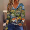 Women's geometric printed V-neck long-sleeve top with embossed pattern - Main product view