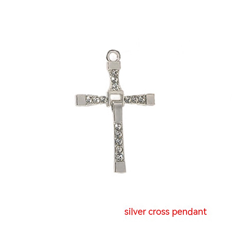 Geometric cross pendant necklace with rhinestone detailing and 48 cm chain or leather rope - Product view 2