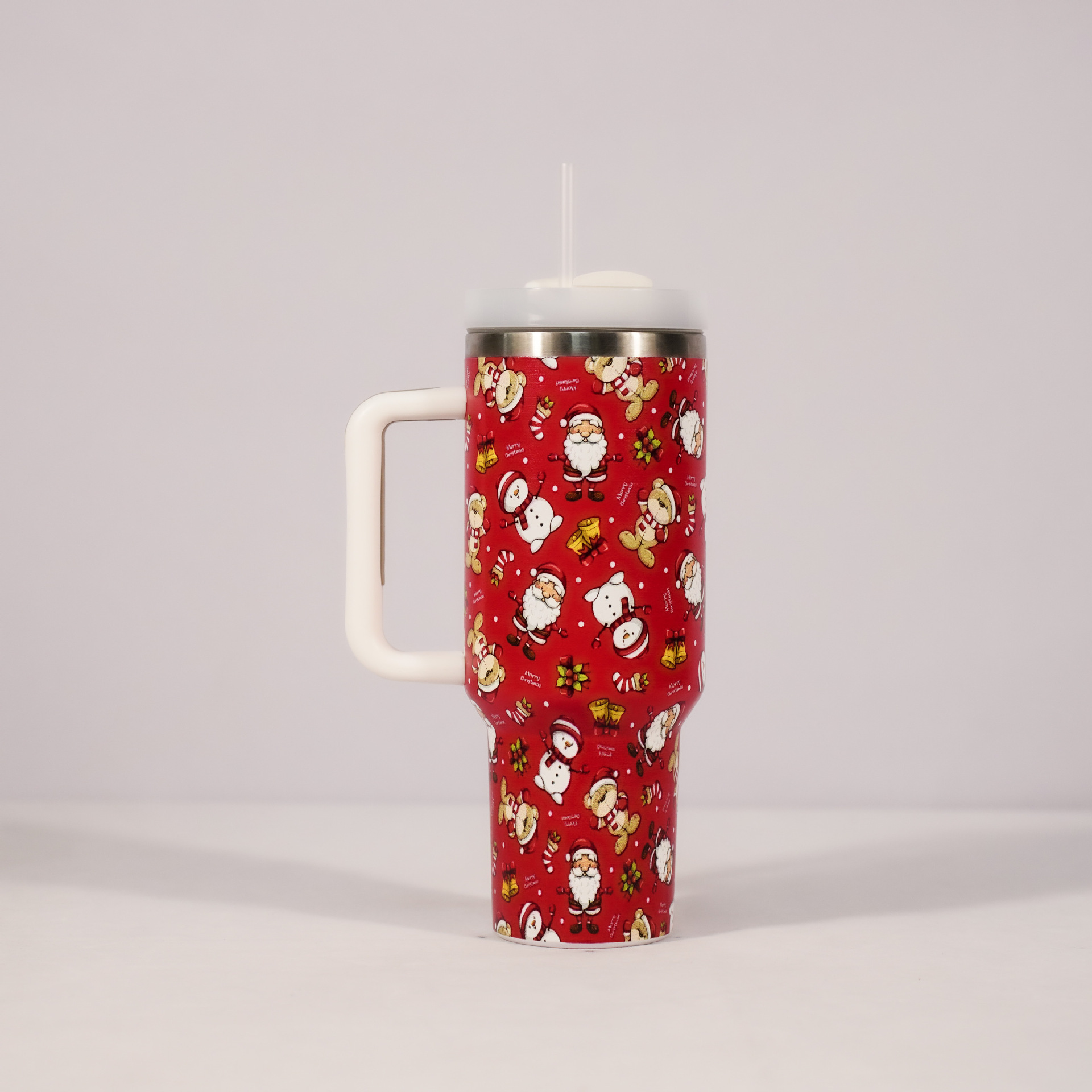 Christmas-pattern stainless steel tumbler with handle, lid and straw - Product view 12