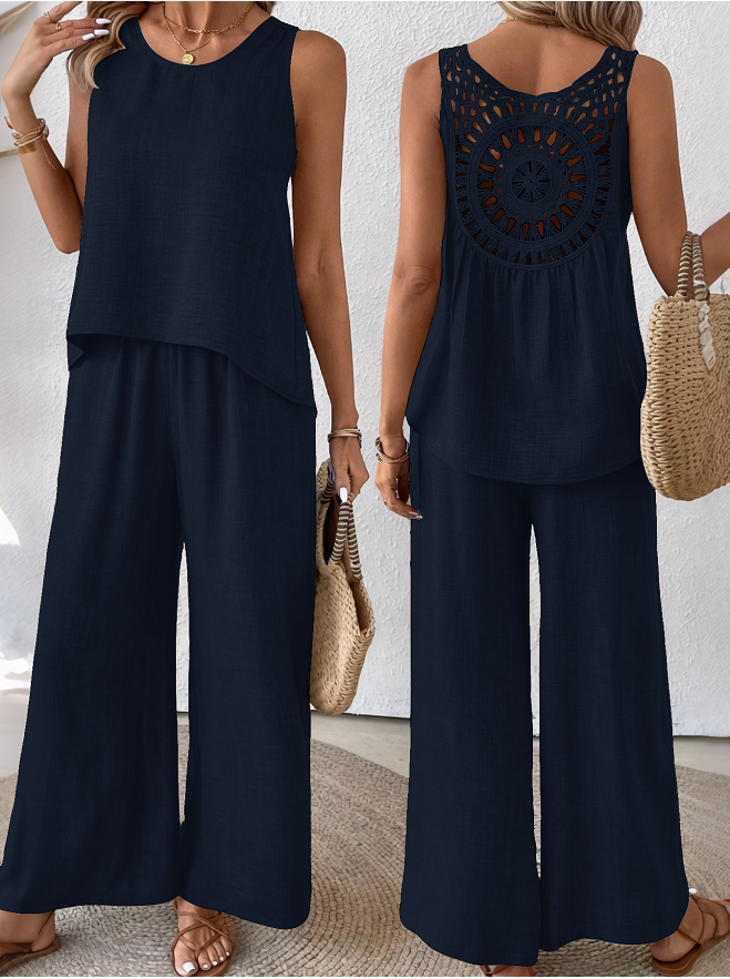 Women's solid tank top and wide-leg pants summer set - Product view 2