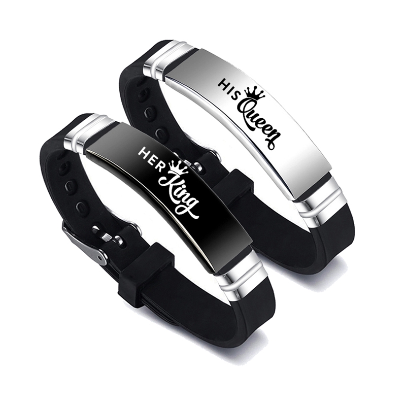 Black and silver His King Her Queen matching couple bracelet set with crown and letter charms - Product view 6